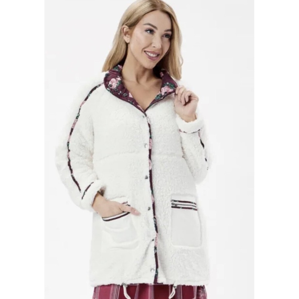 Matilda Jane Womens White & Fuchsia Floral Snow-Day Sherpa Jacket NEW Size Small